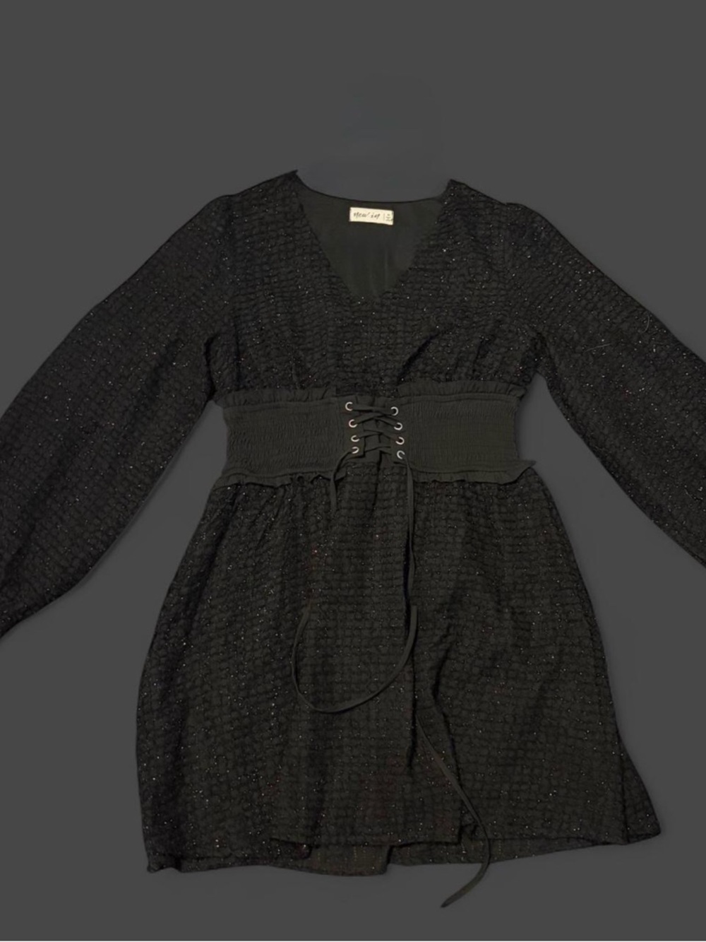 Smocked Waist Black Long Sleeve Lace-Up Dress